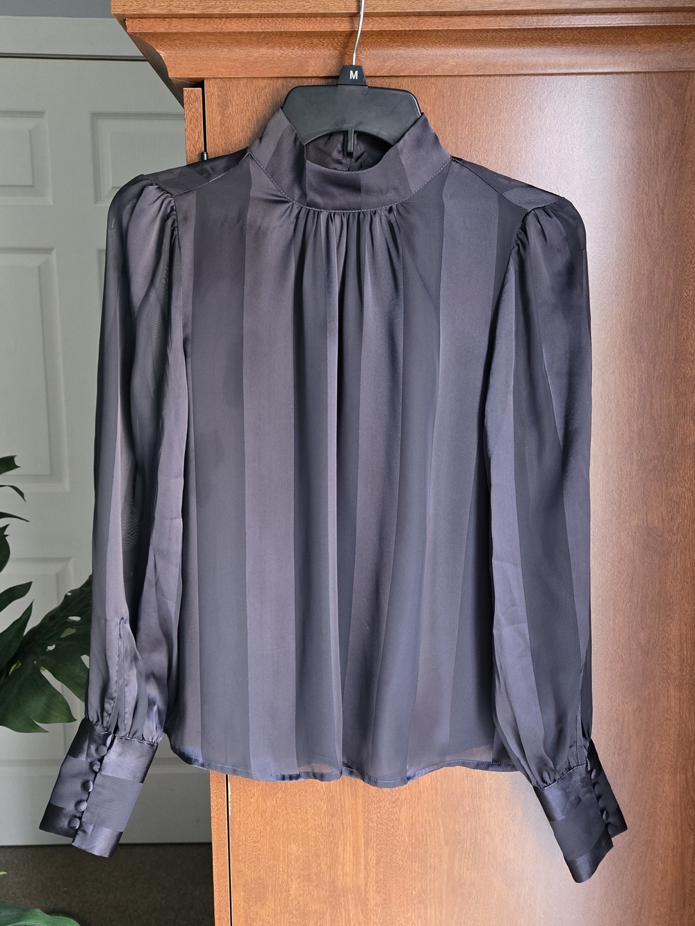 Forever 21 Black Satin-Look High Neck Long Sleeve Blouse